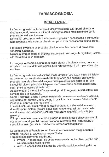 Farmacognosia con elementi di farmacologia generale - Appunti
